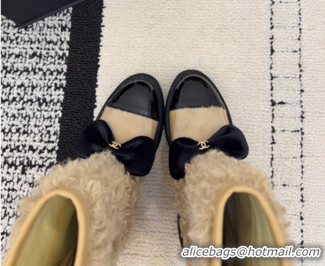 Stylish Chanel Fur, Lambskin & Patent Leather Platform Ankle Boots Beige 2025 G46636 1103148