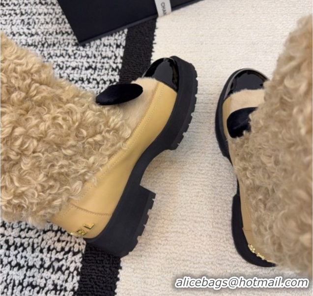 Stylish Chanel Fur, Lambskin & Patent Leather Platform Ankle Boots Beige 2025 G46636 1103148