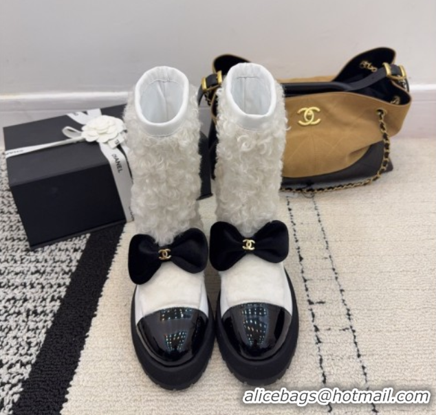 Sumptuous Chanel Fur, Lambskin & Patent Leather Platform Ankle Boots White 2025 G46636 1103149