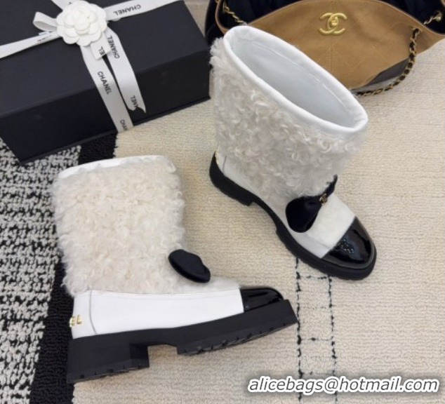 Sumptuous Chanel Fur, Lambskin & Patent Leather Platform Ankle Boots White 2025 G46636 1103149