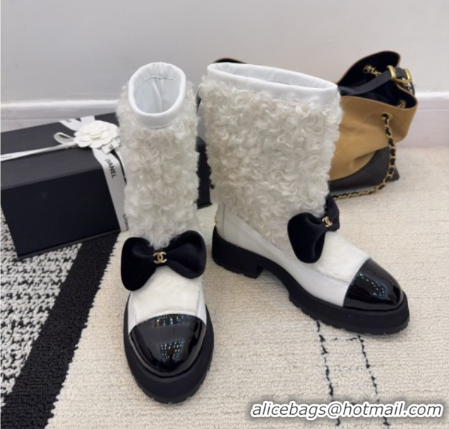 Sumptuous Chanel Fur, Lambskin & Patent Leather Platform Ankle Boots White 2025 G46636 1103149