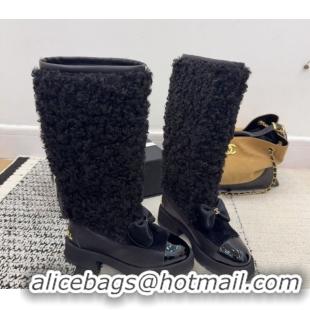 Duplicate Chanel Fur, Lambskin & Patent Leather Platform High Boots Black 2025 G46637 1103150