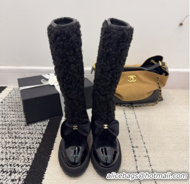 Duplicate Chanel Fur, Lambskin & Patent Leather Platform High Boots Black 2025 G46637 1103150