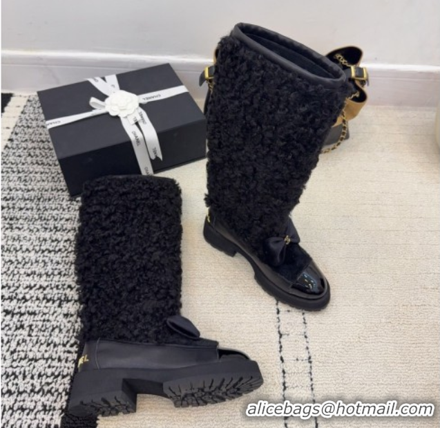 Duplicate Chanel Fur, Lambskin & Patent Leather Platform High Boots Black 2025 G46637 1103150