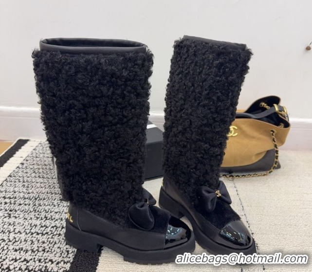 Duplicate Chanel Fur, Lambskin & Patent Leather Platform High Boots Black 2025 G46637 1103150