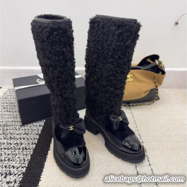 Duplicate Chanel Fur, Lambskin & Patent Leather Platform High Boots Black 2025 G46637 1103150