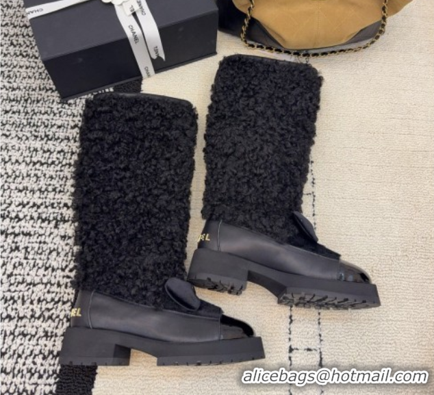Duplicate Chanel Fur, Lambskin & Patent Leather Platform High Boots Black 2025 G46637 1103150