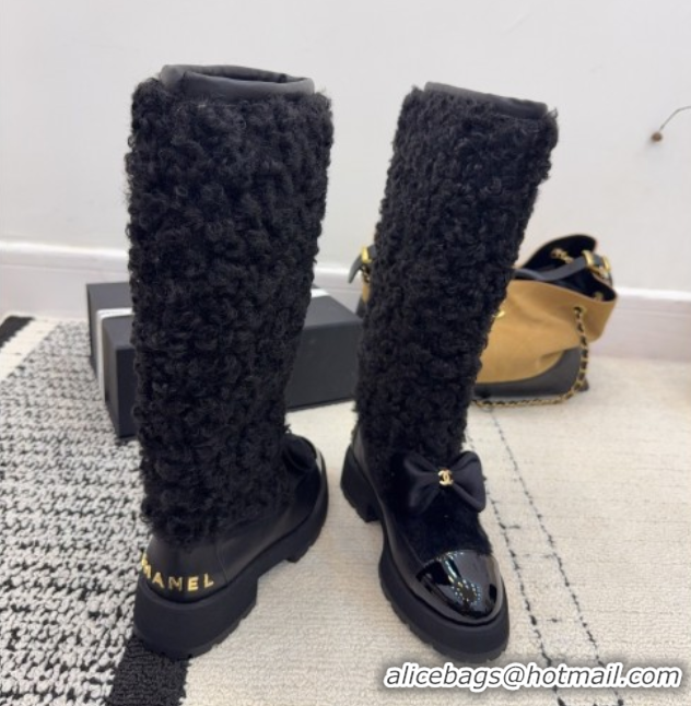 Duplicate Chanel Fur, Lambskin & Patent Leather Platform High Boots Black 2025 G46637 1103150
