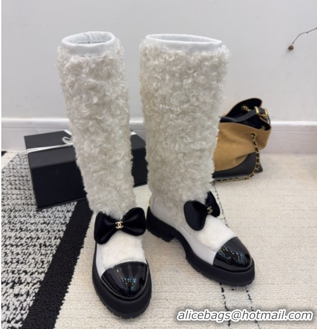 Unique Style Chanel Fur, Lambskin & Patent Leather Platform High Boots White 2025 G46637 1103152