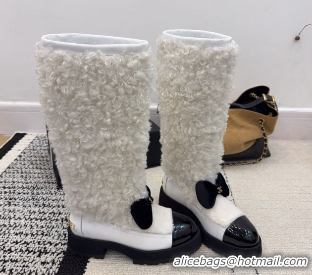 Unique Style Chanel Fur, Lambskin & Patent Leather Platform High Boots White 2025 G46637 1103152