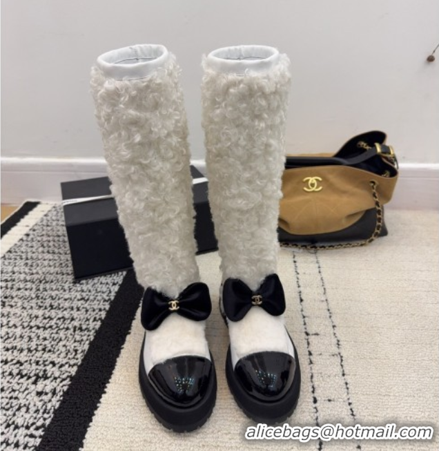 Unique Style Chanel Fur, Lambskin & Patent Leather Platform High Boots White 2025 G46637 1103152