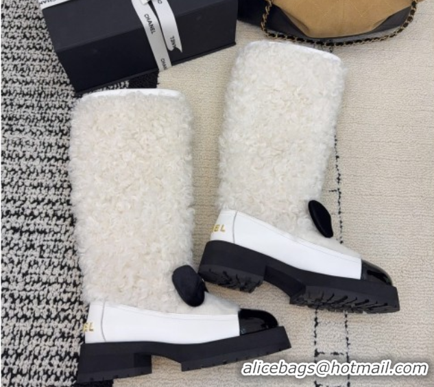 Unique Style Chanel Fur, Lambskin & Patent Leather Platform High Boots White 2025 G46637 1103152