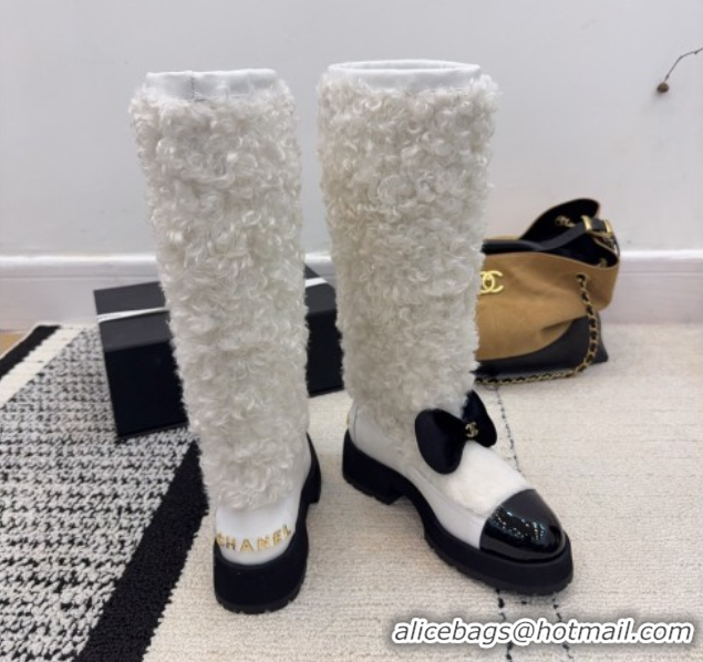 Unique Style Chanel Fur, Lambskin & Patent Leather Platform High Boots White 2025 G46637 1103152