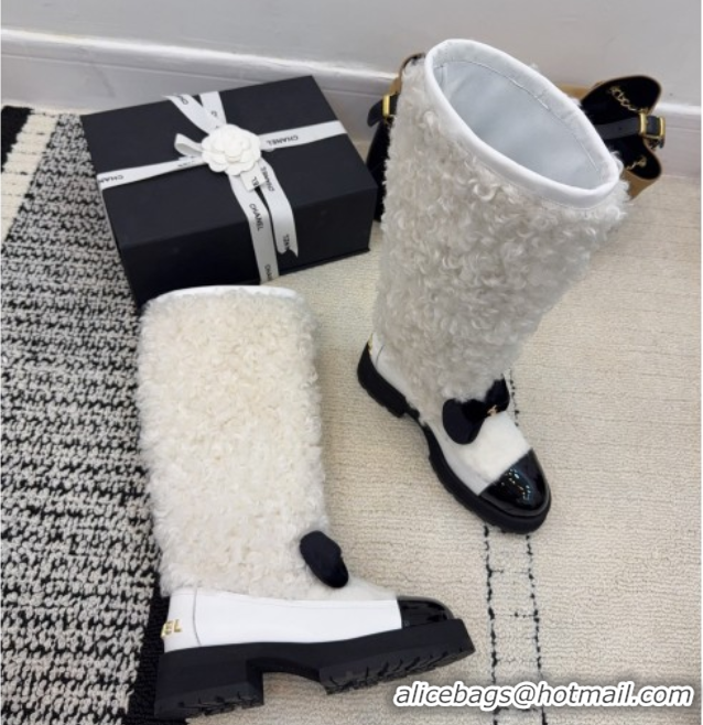 Unique Style Chanel Fur, Lambskin & Patent Leather Platform High Boots White 2025 G46637 1103152