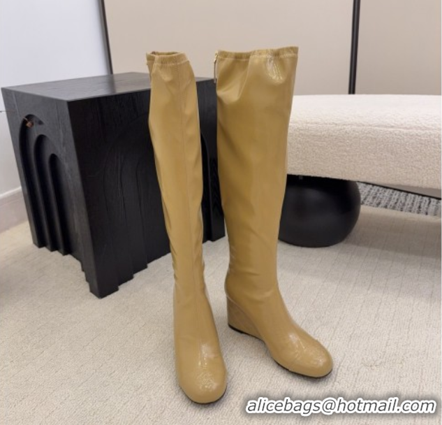 Best Price Chanel Patent Leather Wedge Thigh High Boots Beige 2025 CH110322 1103153