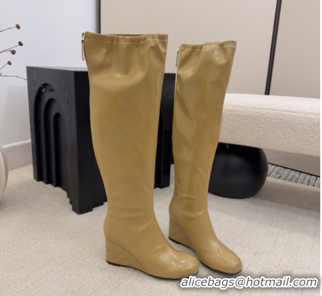 Best Price Chanel Patent Leather Wedge Thigh High Boots Beige 2025 CH110322 1103153