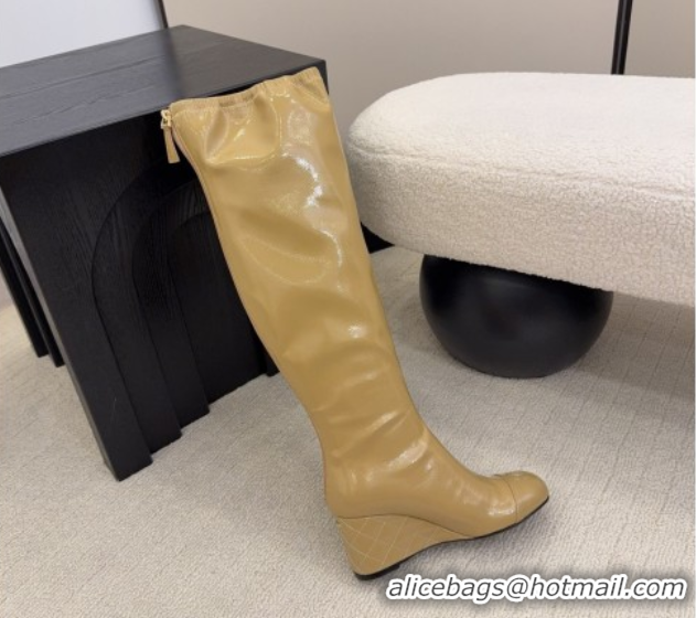 Best Price Chanel Patent Leather Wedge Thigh High Boots Beige 2025 CH110322 1103153