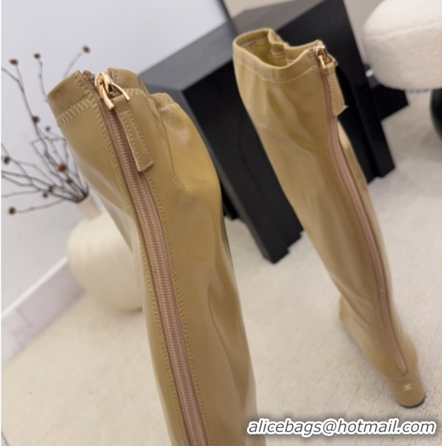 Best Price Chanel Patent Leather Wedge Thigh High Boots Beige 2025 CH110322 1103153