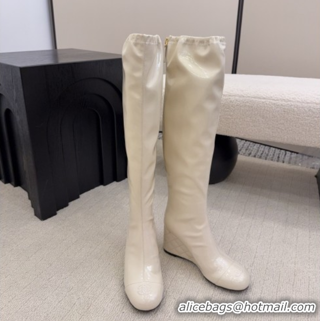 Classic Hot Chanel Patent Leather Wedge Thigh High Boots White 2025 CH110322 1103154