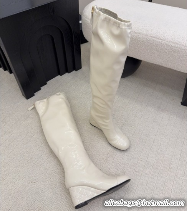 Classic Hot Chanel Patent Leather Wedge Thigh High Boots White 2025 CH110322 1103154