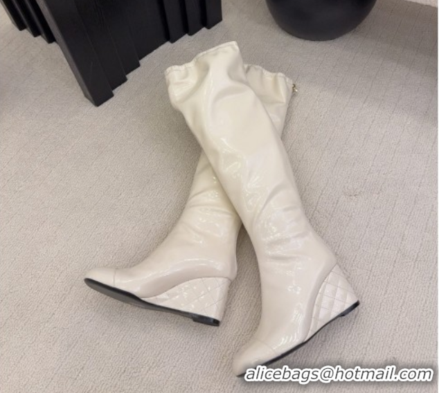 Classic Hot Chanel Patent Leather Wedge Thigh High Boots White 2025 CH110322 1103154