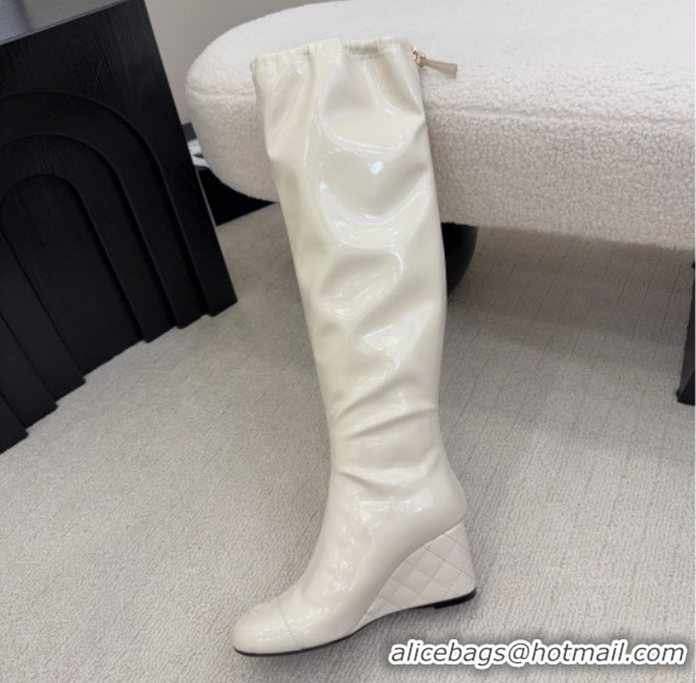 Classic Hot Chanel Patent Leather Wedge Thigh High Boots White 2025 CH110322 1103154