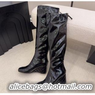 Popular Style Chanel Patent Leather Wedge Thigh High Boots Black 2025 CH110322 1103156