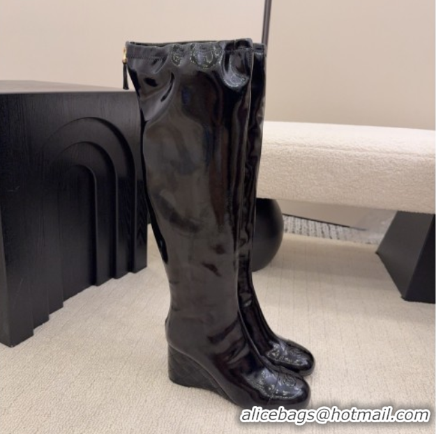 Popular Style Chanel Patent Leather Wedge Thigh High Boots Black 2025 CH110322 1103156