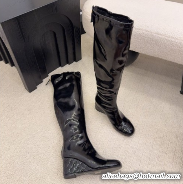Popular Style Chanel Patent Leather Wedge Thigh High Boots Black 2025 CH110322 1103156
