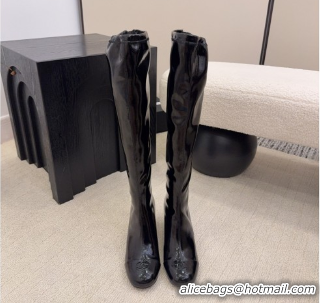 Popular Style Chanel Patent Leather Wedge Thigh High Boots Black 2025 CH110322 1103156