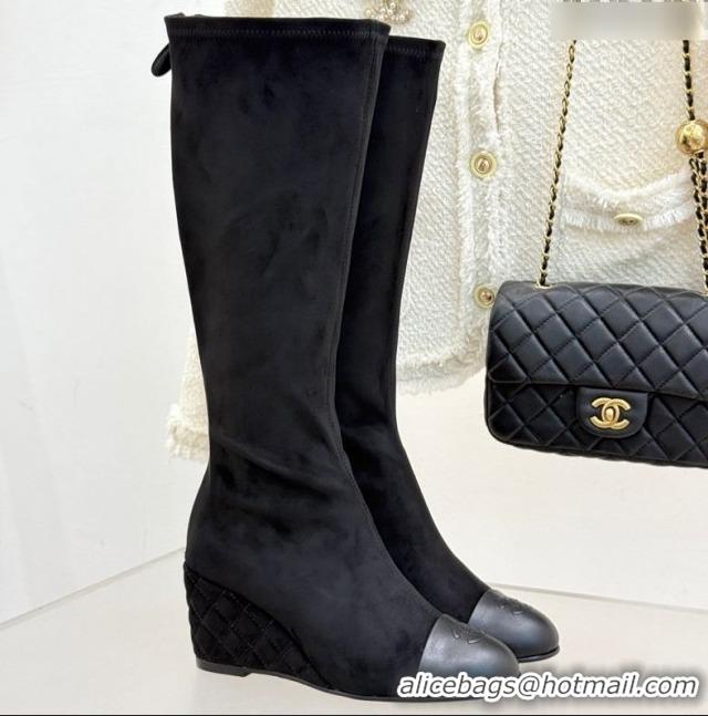 Pretty Style Chanel Suede and Calfskin Wedge High Boots 6.5cm Black 2025 G46563 1103157