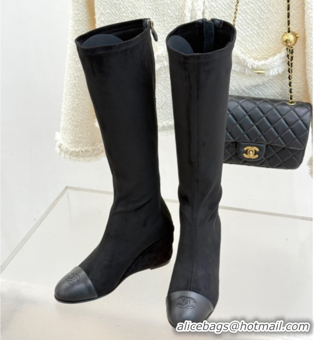 Pretty Style Chanel Suede and Calfskin Wedge High Boots 6.5cm Black 2025 G46563 1103157