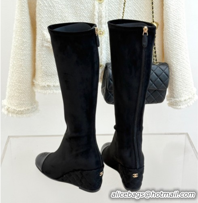 Pretty Style Chanel Suede and Calfskin Wedge High Boots 6.5cm Black 2025 G46563 1103157