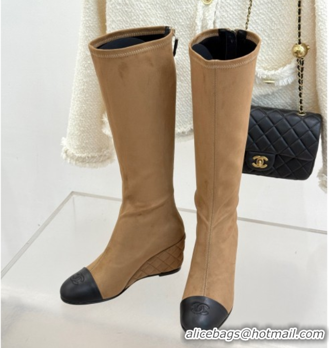 Top Grade Chanel Suede and Calfskin Wedge High Boots 6.5cm Brown 2025 G46563 1103158