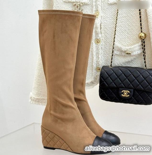 Top Grade Chanel Suede and Calfskin Wedge High Boots 6.5cm Brown 2025 G46563 1103158