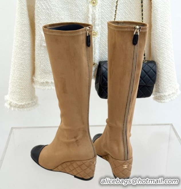 Top Grade Chanel Suede and Calfskin Wedge High Boots 6.5cm Brown 2025 G46563 1103158