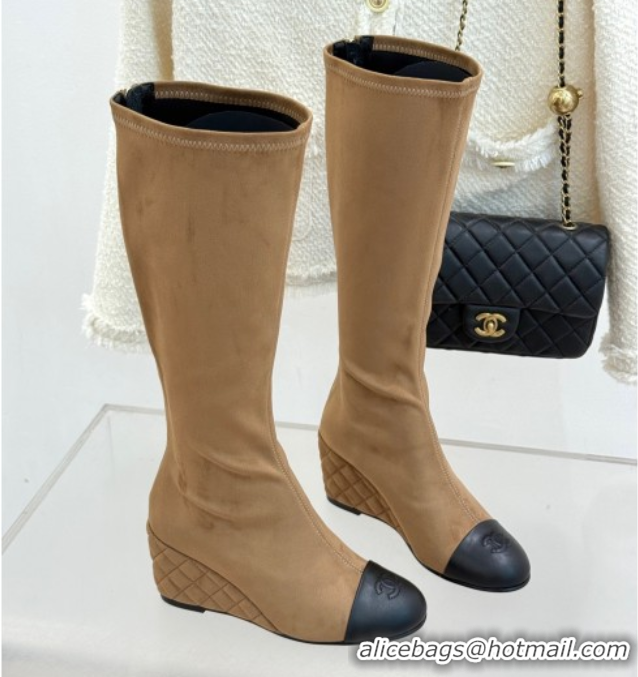 Top Grade Chanel Suede and Calfskin Wedge High Boots 6.5cm Brown 2025 G46563 1103158