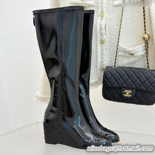 Good Quality Chanel Patent Calfskin Wedge High Boots 6.5cm Black 2025 G46563 1103160