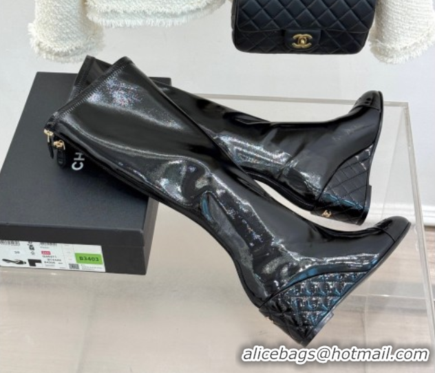 Good Quality Chanel Patent Calfskin Wedge High Boots 6.5cm Black 2025 G46563 1103160