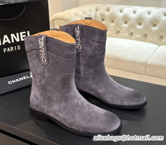 Shop Duplicate Chanel Suede Flat Ankle Boots Grey 2025 CH110401 1104002