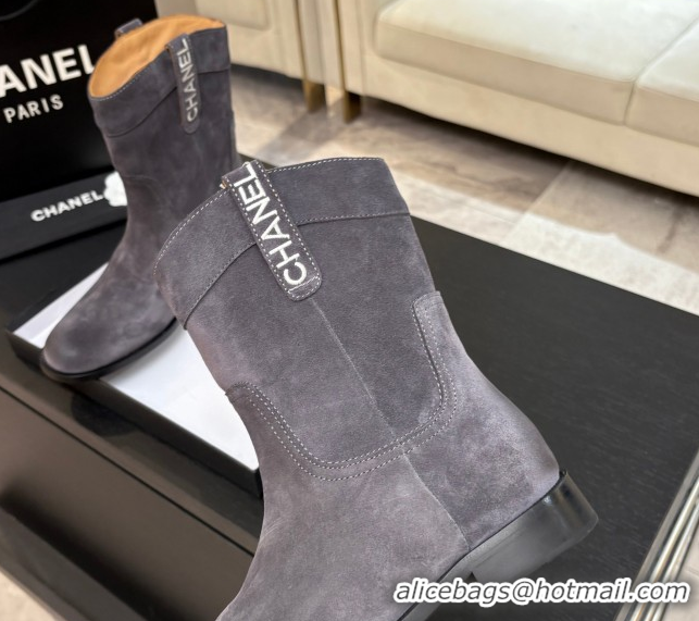 Shop Duplicate Chanel Suede Flat Ankle Boots Grey 2025 CH110401 1104002