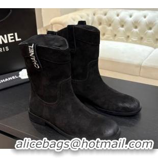 Luxury Cheap Chanel Suede Flat Ankle Boots Black 2025 CH110401 1104003