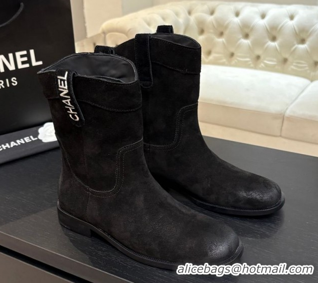 Luxury Cheap Chanel Suede Flat Ankle Boots Black 2025 CH110401 1104003