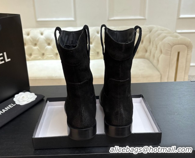 Luxury Cheap Chanel Suede Flat Ankle Boots Black 2025 CH110401 1104003