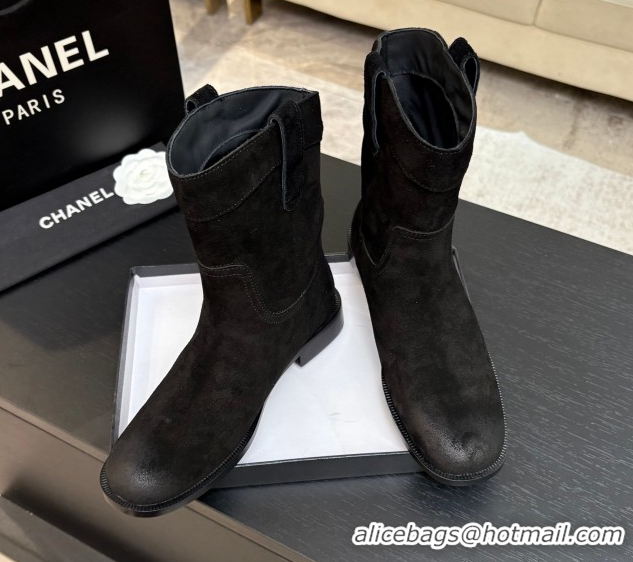 Luxury Cheap Chanel Suede Flat Ankle Boots Black 2025 CH110401 1104003