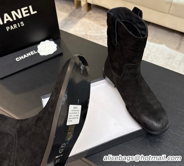 Luxury Cheap Chanel Suede Flat Ankle Boots Black 2025 CH110401 1104003