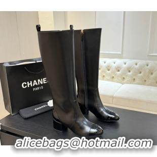 Top Design Chanel Calfskin & Patent Leather Heel High Boots 4.5cm Black G46789 1104005