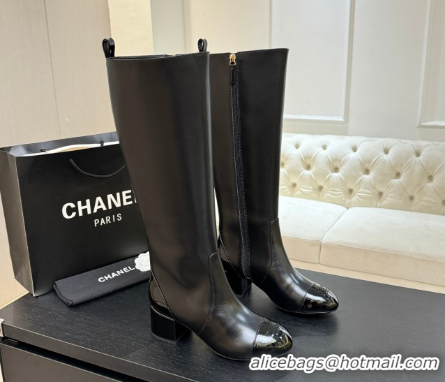 Top Design Chanel Calfskin & Patent Leather Heel High Boots 4.5cm Black G46789 1104005