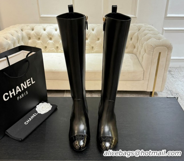 Top Design Chanel Calfskin & Patent Leather Heel High Boots 4.5cm Black G46789 1104005