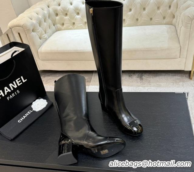 Top Design Chanel Calfskin & Patent Leather Heel High Boots 4.5cm Black G46789 1104005